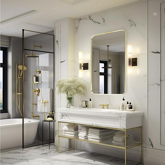 Wall Mount Mirror for Bathroom, Brushed Gold Metal Framed Rounded Corner