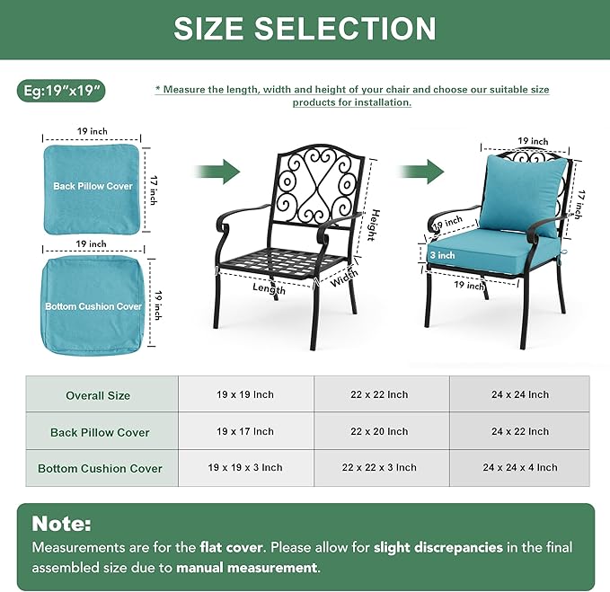 Summsun Faux Linen Outdoor Chair Cushions, Water Resistant Backrest and Seat Cushion Set with Removable Cover, Straps, Non-Slip Bottom for Patio Furniture, 19 x 19 Inch, Teal, Set of 2