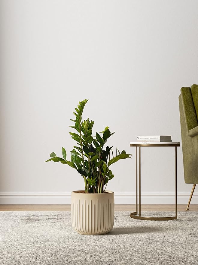 LE TAUCI Ceramic Pots for Plants, 8.3/7/6 Inch Indoor Planters with Drainage Holes & Mesh, Modern Glossy Glaze Cylinder Fluted Plant Pot for Snake Plant, Set of 3, Sand Beige