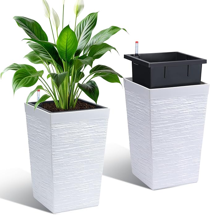 Garvee 16" Tall Planters Set of 2, Self Watering Tall Planters, Outdoor＆Indoor Planter Pots, High Front Porch Planters Pots with Drainage Holes＆Water Level Monitor, White