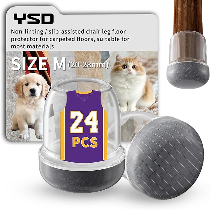 YSD 1Inch 24 Pcs Silicone Chair Leg Floor Protectors,Hair and dust Resistant Round Chair Leg Caps for Tilt Chair Legs,Carpet Hardwood Floor Protectors with Gray Pads