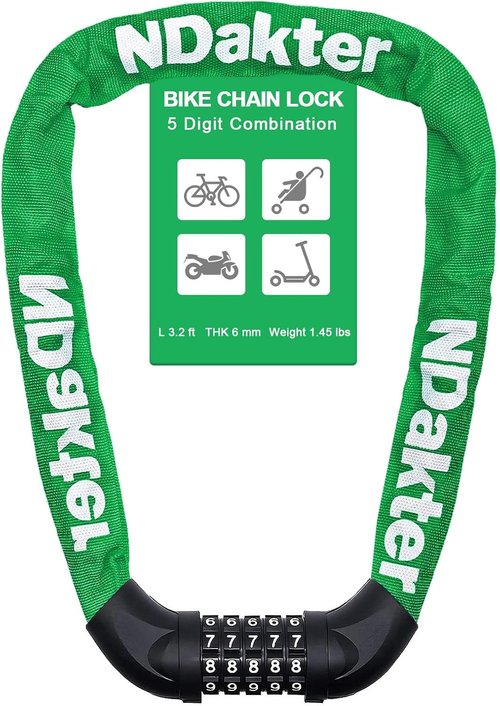 NDakter Heavy Duty Bike Lock - 5 Digit Combination Anti-Theft Chain Lock | 2.62-6Ft Length, High Security