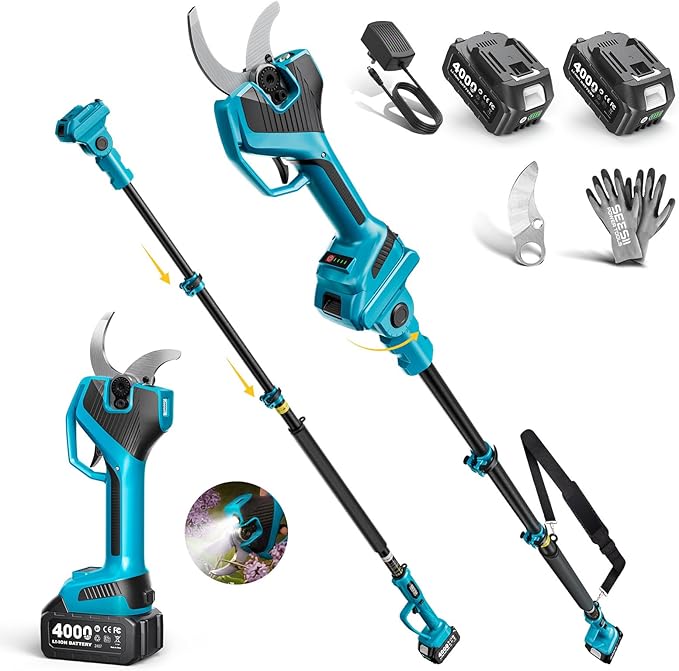 SEESII 2-in-1 Pole Pruning Shears: 2.2" Cutting Diameter Cordless Electric Pole Pruners, 2*4000mAh Batteries, Brushless Motor, Extra SK5 Blade, 4 Mode Adjustable Garden Shears for Tree Flower Trimming
