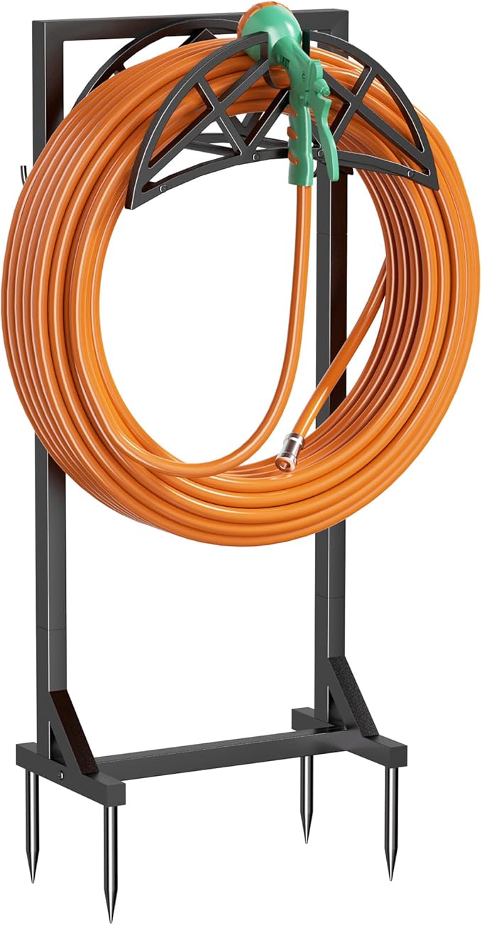 Garden Hose Holder, Heavy-Duty Water Hose Reel with Stable Base & 2 Tool Hooks, Freestanding Storage Rack for Outside, Holds 150ft – Metal Stand for Yard & Lawn