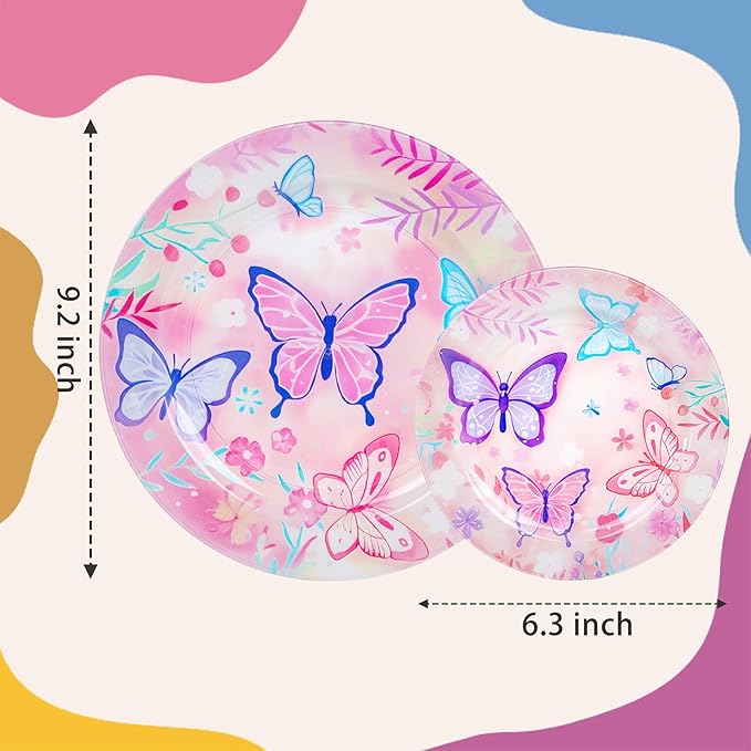 WELLIFE 20PCS Butterfly Birthday Plates – Plastic Dinner & Dessert Plates (10×9.2" + 10×6.3") for Girls Party, Kids Birthday, Magical Butterfly Party Supplies