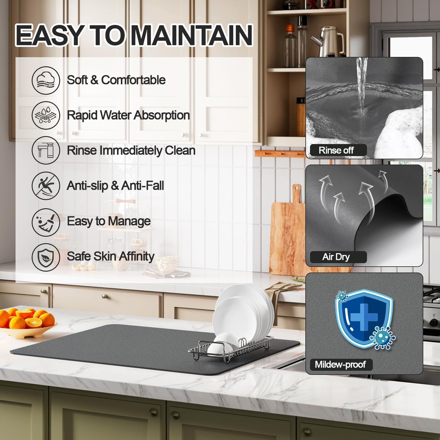 Dish Drying Mat for Kitchen Counter | Coffee Bar Mat for Countertops | Heat Resistant Drainer Mat with Non-slip Rubber Backed | Hide Stain Kitchen Absorbent Draining Mat | Dark Grey 18"x24"