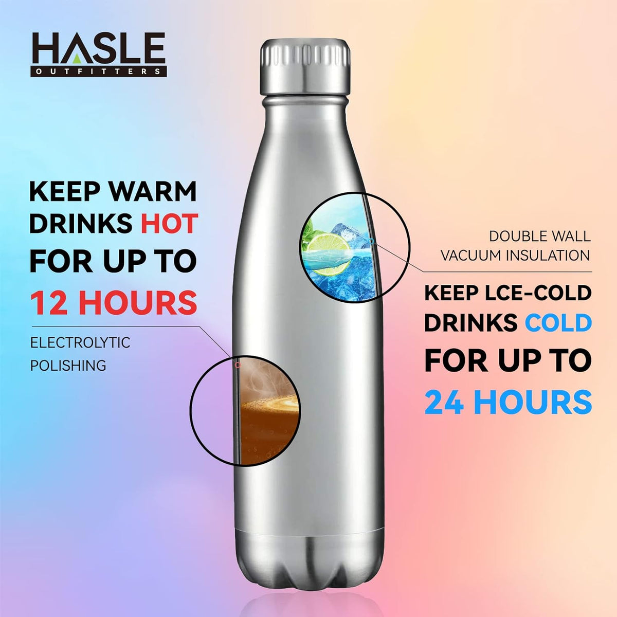 HASLE OUTFITTERS 17oz Stainless Steel Water Bottles, Vacuum Insulated Water Bottles Double Walled Reusable Metal Sports Water Bottles Keep Drinks Hot and Cold, Stainless, 1Pack