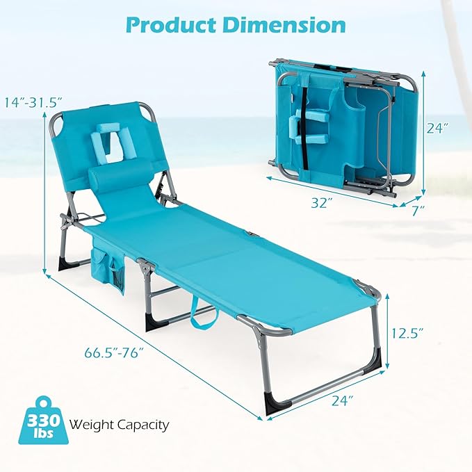COSTWAY Tanning Chair with Face Hole, Folding Beach Lounge Chair | 4-Position Adjustable Backrest, Pillow & Side Pocket for Sunbathing, Camping (Turquoise)