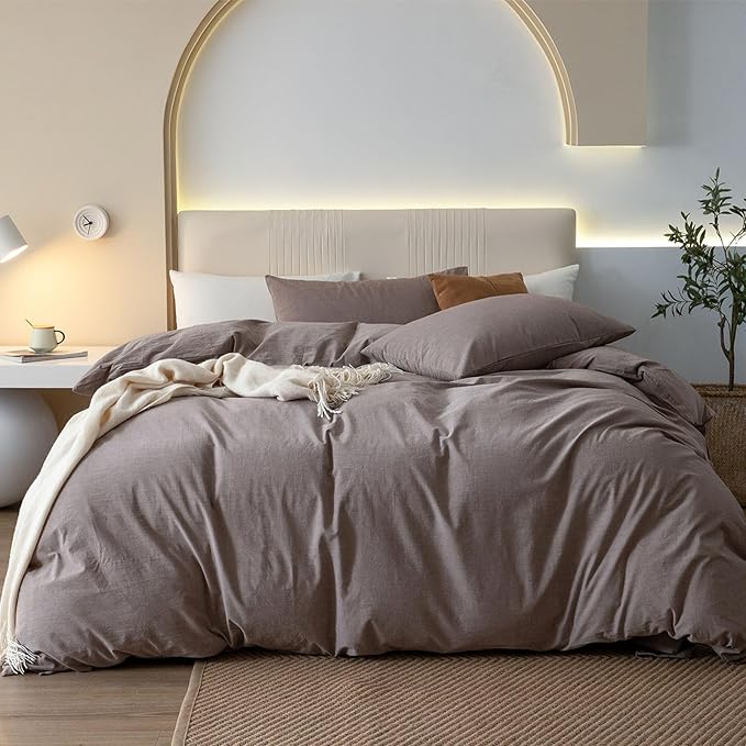 JIYUAN 100% Washed Cotton Duvet Cover Set 3 Pieces Queen, 1 Duvet Cover 90x90 Inches(Comforter Not Included) and 2 Pillowcases,Linen Feel Bedding Set Comfy and Breathable, Heathered Mauve Brown