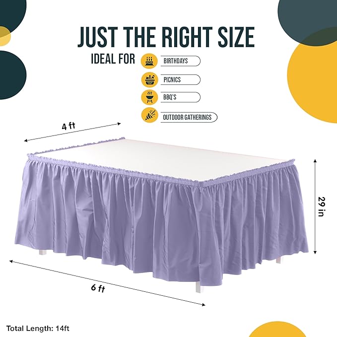 Exquisite Ruffle Table Skirt Lavender 12 Pack 14 Ft Long Table Skirts for Rectangle Tables 6ft Plus or Round Tables Skirts with Adhesive Strip for Gender Reveal Decor & Happy Birthday Parties