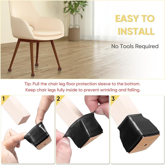 BALEINE 32 Pack Silicone Chair Leg Floor Protectors, Stool Leg Protectors Cap, Non-Slip Chair Leg Caps for Hardwood Floors (Black & Small (Square), 32 Pack)