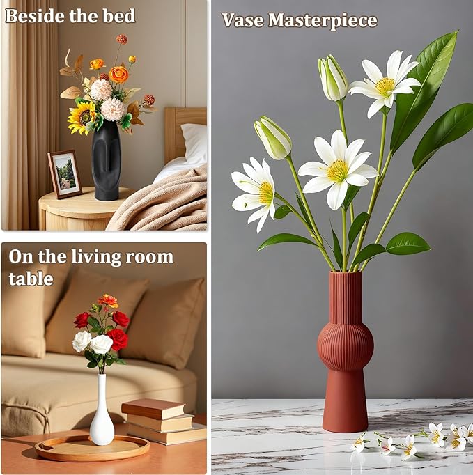 Modern Ceramic Vase Set of 3 with Creative Easter Island Moai Abstract and Grooved/Teardrop Design, Perfect for Pampas Grass, Fall Decor, Boho and Farmhouse Home Living Room Decor