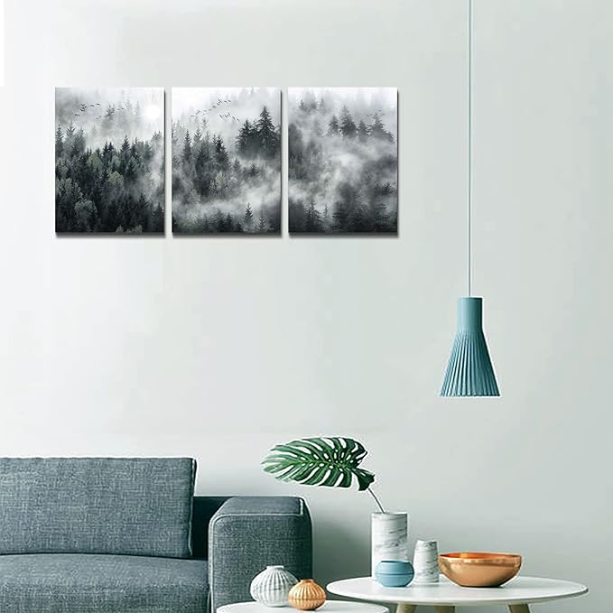 MHARTK66 Wall Decor Living Room Large Size Canvas Wall Art For Bedroom Foggy Forest Trees Landscape Wall Painting Office Decor Wall Decorations Ready To Hang Framed Wall Pictures Home Decor 3 Pieces