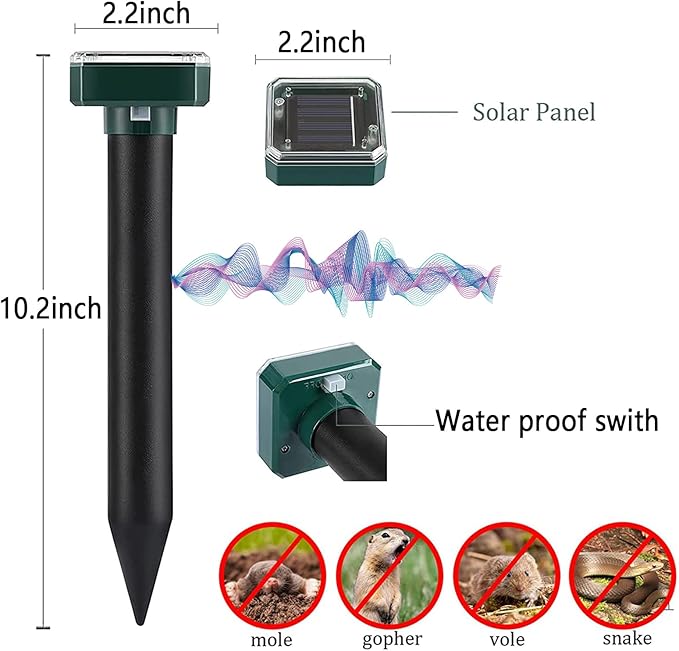 Pack of 10 Solar Mole Repellent Sonic Gopher Repellent Vole Chaser Mole Deterrent Sonic Spikes Repellent Ultrasonic Pest Control Outdoor Keep Moles Out of Yard Lawn