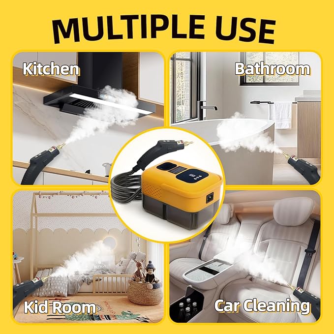 Heavy Duty Handheld Steam Cleaner, 15s Heat-Up, 9-Level Adjustable 2500W Pressurized Steamer for Cleaning with 14 Accessories, Multipurpose Portable Steam Cleanr for Home, Car, Grease, Grout（Yellow）