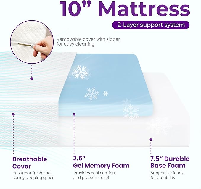 GAESTE 10 Inch Queen Cooling Gel Memory Foam Medium Firm Mattress Breathable Pressure Relief CertiPUR-US Certified Foam, Mattress-in-a-Box for Kids and Adults No Fiberglass (Queen, 10 in)
