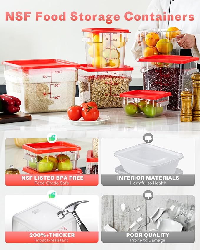 12 Quarts Sous Vide Container: 6 PCS Commercial Food Storage Containers with Lids - Clear Food Container with Scales Handles for Home Restaurant Kitchen Storage Pizza Bread
