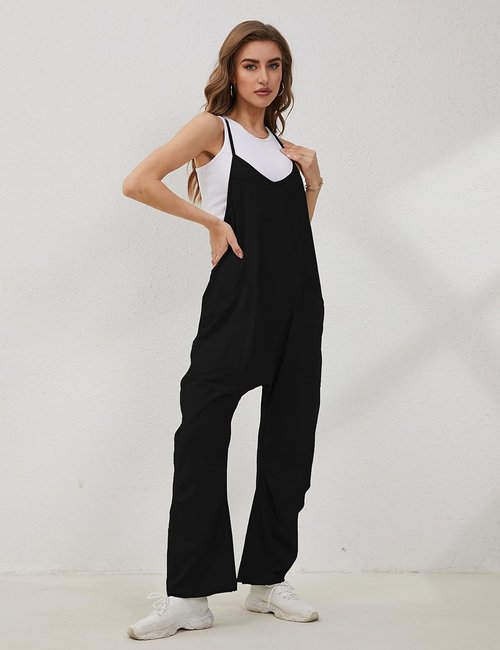Lentta Women's Casual Jumpsuit - V Neck Sleeveless Harem Romper with Pockets | Stretchy Adjustable Straps