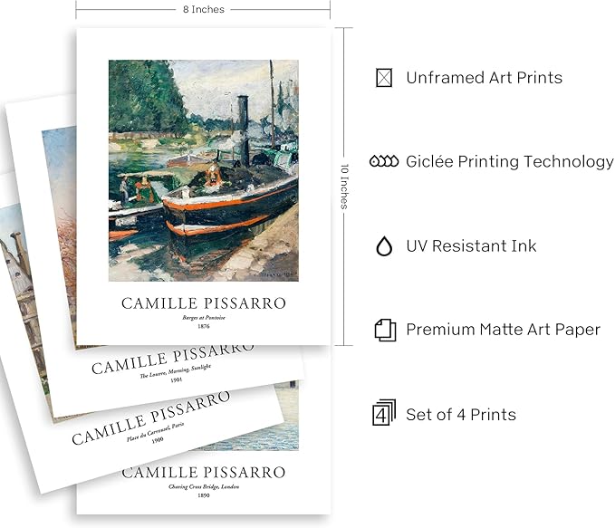 EVOLE HOME Camilie Pissarro Art Prints, Set of 4 Wall Art, Unframed 11x14 Art Prints, Giclée Prints, Impressionism Art Poster for Home Decor, Office Wall Decor, Gift for Men, Women