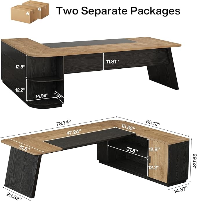 Tribesigns 79-Inch Executive Desk, Large Office Desk with Cabinet, L-Shaped Compter Desk with Storage Shelves, Writing Table for Home Office, Natural Oak and Black