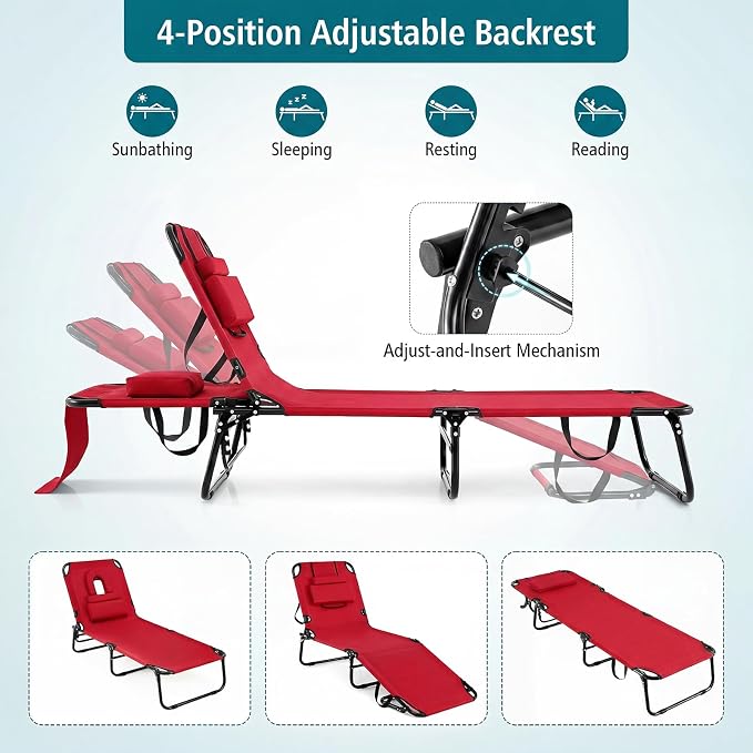 GYMAX Tanning Chair, Folding Lounge Chairs with Face Hole & Cover, Removable Pillow Carry Handle, Portable Compact Outdoor Layout Recliner for Beach, Poolside, Lawn, Patio, Camping (Red,2)