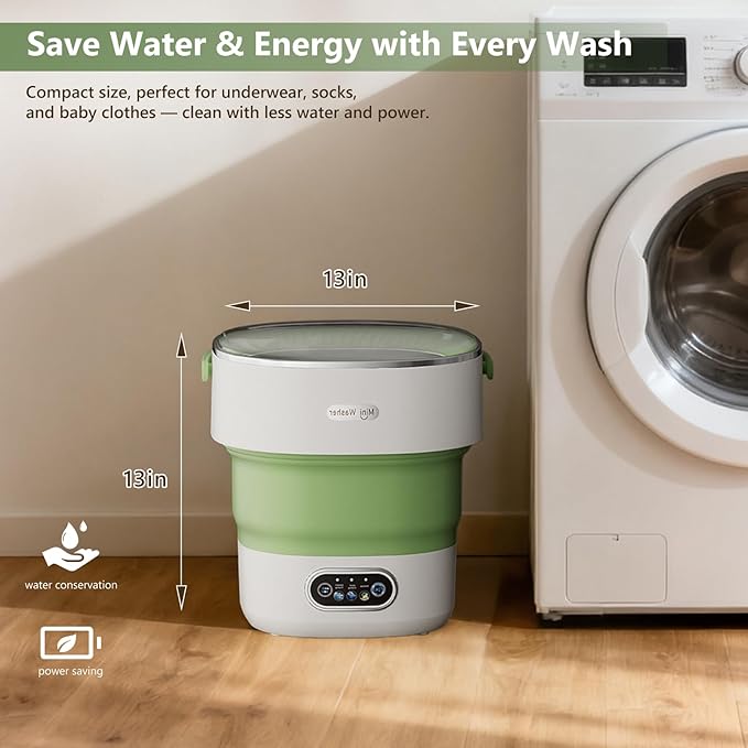 Mini Laundry Machine 16L — Foldable Portable Laundry Machine and Spinner for Baby Clothes, Underwear, Socks; Ideal for Travel, Dorms, Camping - Green