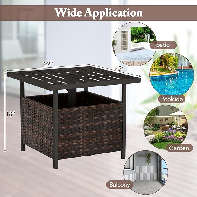 Giantex Outdoor Side Table with Umbrella Hole, 22" Wicker Umbrella Stand Holder and Base, Weather-Resistant PE Rattan Patio End Table for Deck Garden Poolside, Mix Brown (Metal Tabletop)
