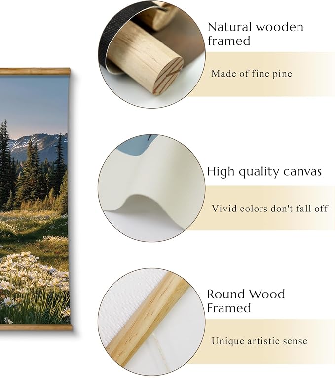 VIYYIEA Extra Large Size Canvas Wall Art, 36x54 Inch Mountain Landscape Scroll Painting with Wildflowers and Pines, Oversized Nature Wall Hanging for Living Room, Bedroom, or Office Decor