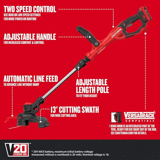 CRAFTSMAN V20 Weed Wacker Cordless String Trimmer and Edger, Weed Eater Includes 2.0 Ah Battery and Charger, Lightweight, Extended Runtime, 2 Speed (CMCST900D1)