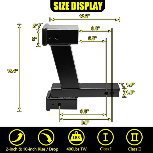 KAIRAY Dual Hitch Extender Adapter - 2-Inch & 10-Inch Riser/Drop for 2-Inch Receiver | 10,000 lbs Towing Capacity