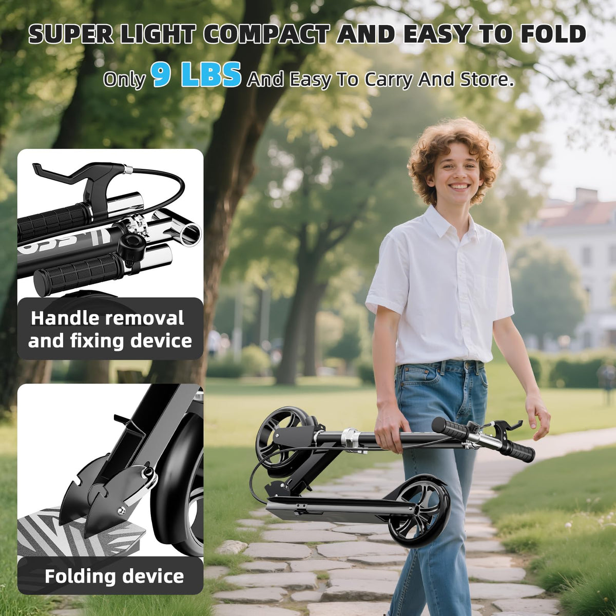 Scooters for Kids 8-12, Teens & Adults - Lightweight, Foldable, 8-Inch Big Wheels, Hand Brake & Bell, 4 Adjustable Height Levels, 240 lbs Max Load - Perfect for School, Campus and Park Rides Black