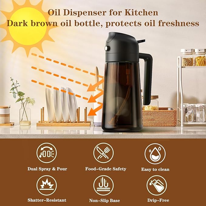 Oil Sprayer for Cooking, 16oz Olive Oil Dispenser Bottle for Kitchen Gadgets, 2 in 1 Adjustable Mist Spray and Precision Pour Spout Dark Brown Bottle with Stickers for Air Fryer, Salad