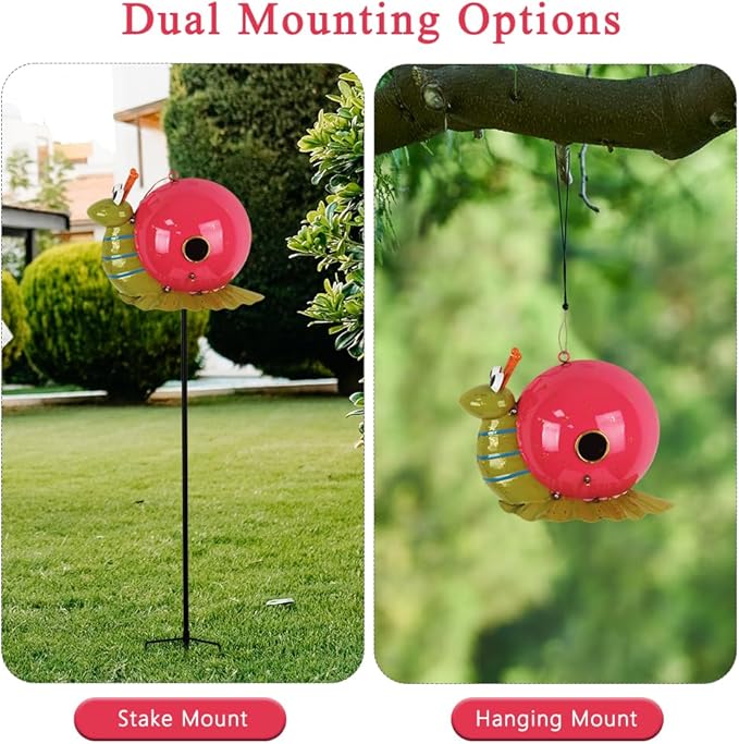 37" Bird Houses for Outside, Outdoor Metal Snail Birdhouse with Hanging String & Poles for Patio, Yard, Garden