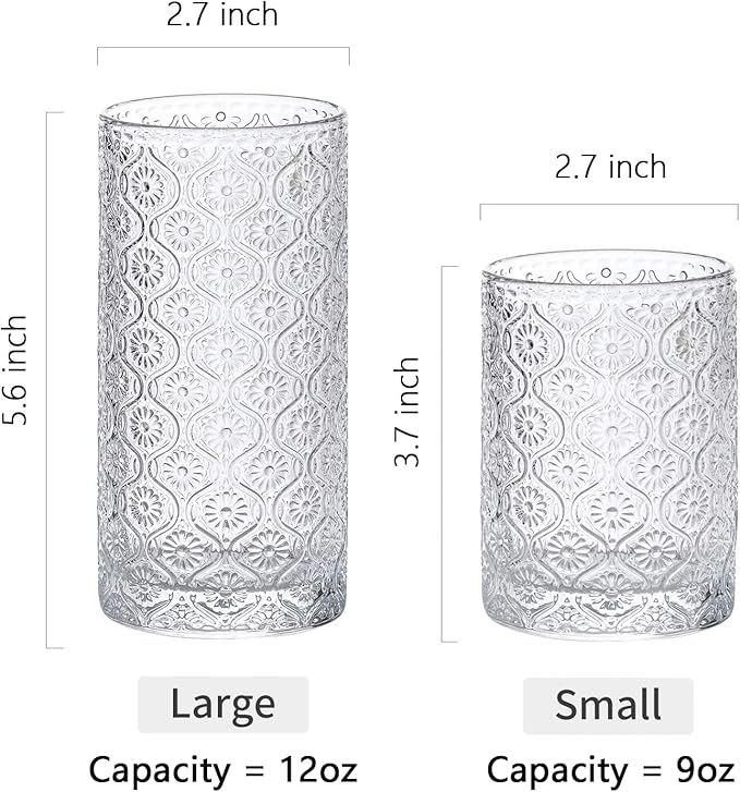 Glass Cups Vintage Glassware Set of 4, Drinking Glasses 12.5oz, Embossed Pattern Style Transparent Cocktail Glasses Set, for Ice Coffee,Juice,Beer,Bar Beverages,Drinkware, Transparent (L)