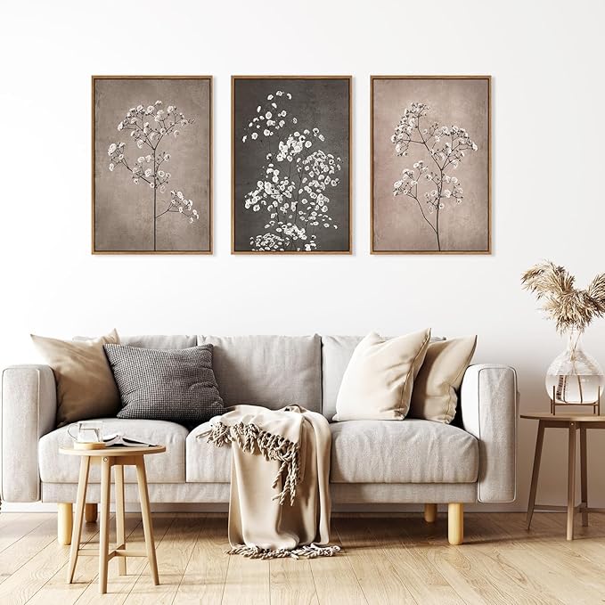 FWIEXA Neutral Floral Wall Art of 3, Framed Beige Botanical Canvas Prints, Minimalist Wildflower Wall Decor, Large Modern Plant Painting, 24x36 Inches Artwork for Living Room, Bedroom, Office, Home