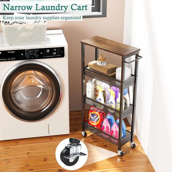 Slim Storage Cart 4 Tier Narrow Kitchen Rolling Cart on Wheels for Small Space, Mobile Utility Cart Shelving Unit with Wooden Top and Metal Handle for Kitchen, Bathroom, Laundry Room