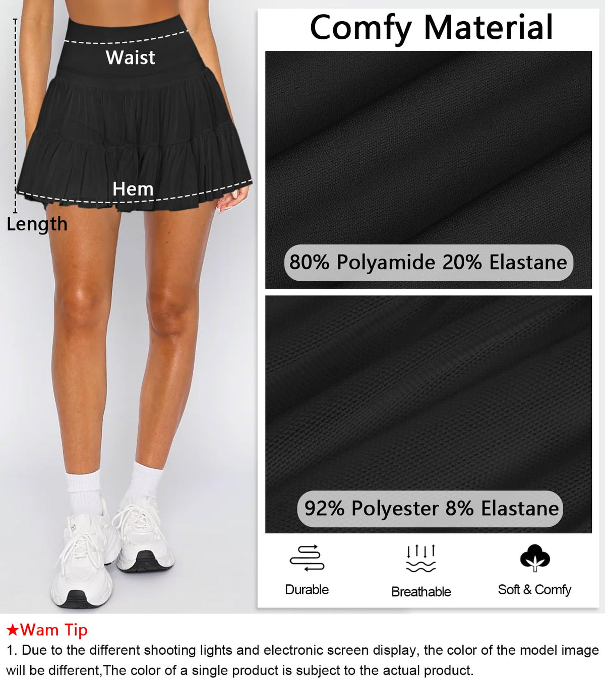 Hragc Women's Mini Black Skirt Skort Flowy Pleated High Waisted Ruffle Medium Tennis Skirts for Women Athletic Skater Golf with Shorts Pockets