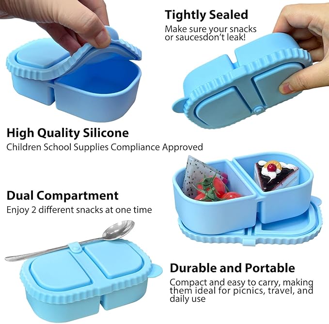 Silicone Reusable Snack Containers with Lids, 2 Compartment 8 oz Food Storage Containers Snackle Condiment Boxes Salad Dressing Sauce Seasoning Small Box for Travel Office Picnic 2 Pack Blue Pink