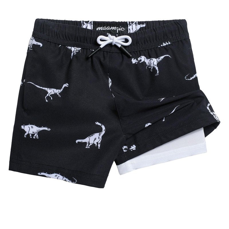 maamgic Boys Swim Trunks with Compression Liner 4-Way Stretch Quick Dry Swim Shorts Swimming Trunks Toddler Boy Dinosaur Black 2T