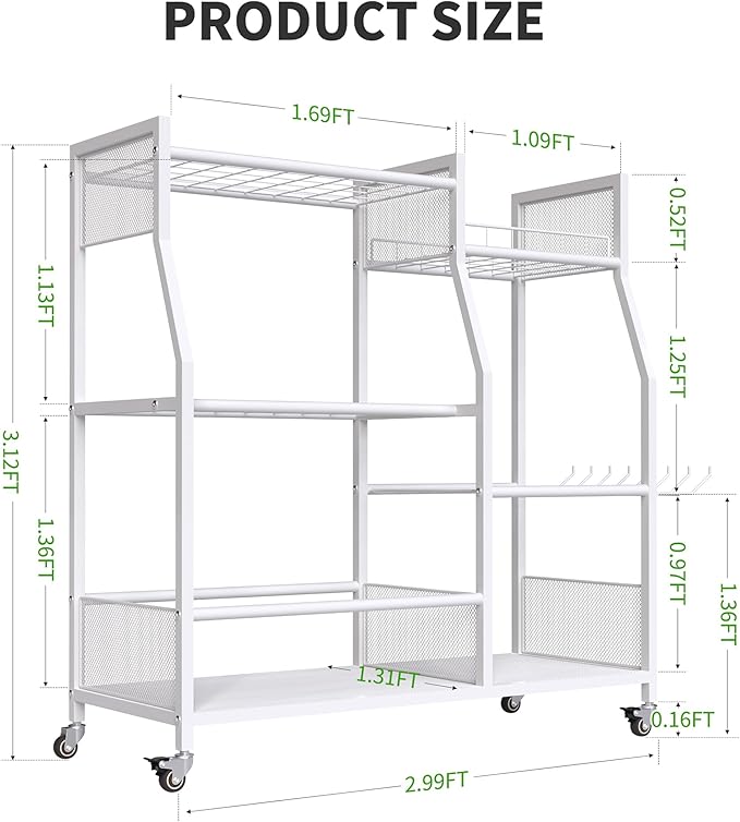HOTEAGLE Yard Tool Organizer for Garage 35.4" Width High Stability Outdoor Metal Utility Rolling Cart with Mute Wheels, 18.5mm Thick Rods Ideal Garden Tool Rack, Easy to Clean,White