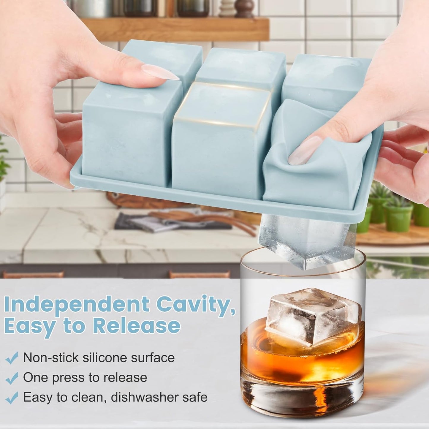 Large Silicone Ice Cube Tray 3Pack, SAWNZC Big Square Ice Cube Molds for Whisky Cocktail, Ice Maker Tray with Lid for Freezer, Easy Release (3, Blue)