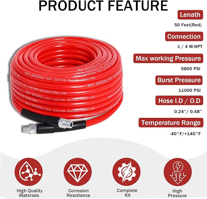 Sewer Jetter Kit for Pressure Washer 50FT, 5800PSI Drain Cleaner Hose 1/4 Inch NPT Corner with 5 Sewer Jetting Nozzles，Waterproof Tape，Pearl Corsage Pin & 2 Spanners (Red)