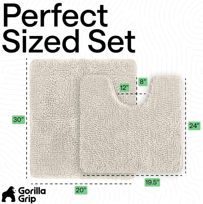 GORILLA GRIP Bathroom Rug Sets, Soft Chenille 2 Piece Area Rugs Set, Toilet Base Mat and 30x20 Carpet, Absorbent Microfiber Washable Mats Dry Quickly, Home Décor and Bath Room Accessories, Ivory