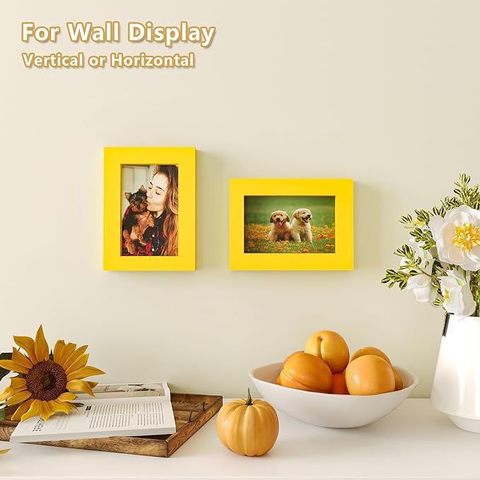 KINLINK 3.5x5 Picture Frames Yellow, Solid Wood Frames with Plexiglass for Table Top and Wall Display, Photo Frames for Horizontal or Vertical Display, 4 Pack