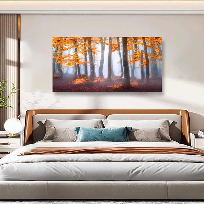 Orange Maple Leaf Tree Canvas Wall Art for Living room Office Bedroom Mist Forest Wall Art Print Paintings Modern Nature Autumn Landscape Pictures Wall Decor Artwork Ready to Hang - 20in * 40inch