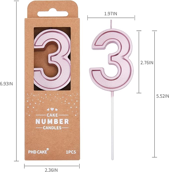 PHD CAKE 2.76 Inch Luxe Rose Gold 3 Number Birthday Candles, Rose Gold Number Candles, Cake Number Candles, Party Celebration