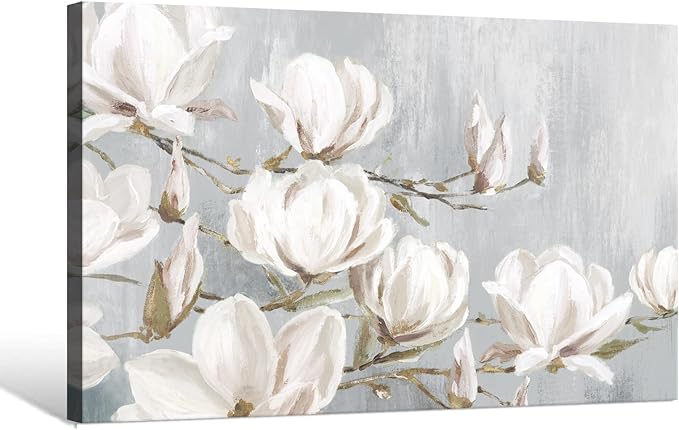 SEVEN WALL ARTS White Magnolia Canvas Wall Art Flowers Pictures Blossom Floral Artwork Vintage Nature Botanical Painting Farmhouse Artwork Decor for Bedroom Living Room Bathroom Office 36"x 24"