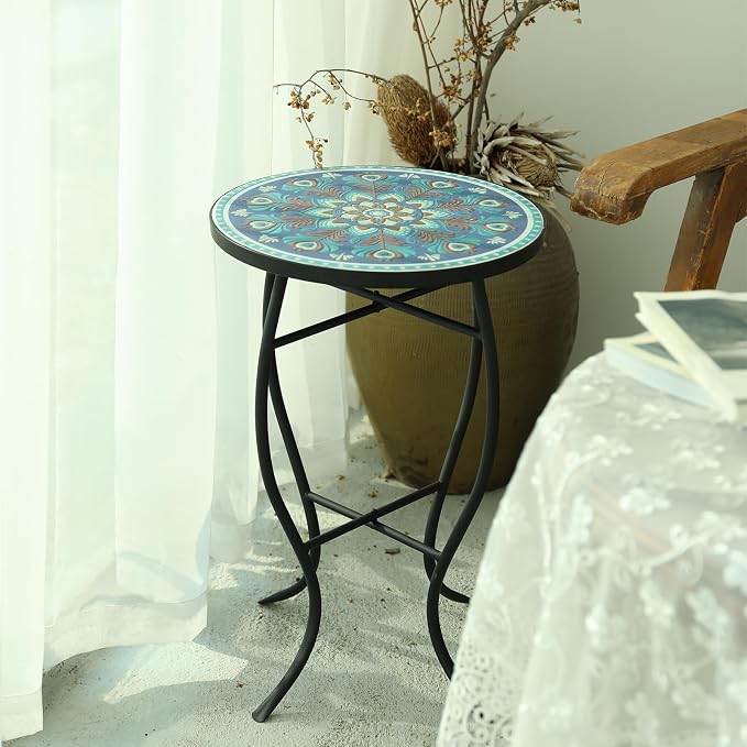 VCUTEKA Mosaic Outdoor Side Table, 14" Round Small Patio Accent Table Indoor End Table for Yard, Garden, Living Room, Bistro Balcony or Lawn