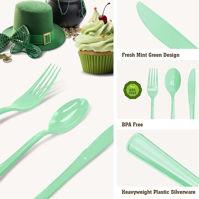 150 PCS Sage Green Plastic Silverware Heavy Duty Mint Green Utensil Sets Include 50 Disposable Plastic Forks, 50 Knives, 50 Spoons for Birthday, Baby Shower, Picnic, Spring Party, Wedding
