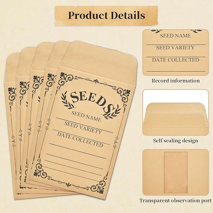 50-Pack Seed Packets Envelopes with Clear Window, 4.72 x 3.15 Inch Small Kraft Paper Seed Bags, Bulk Seed Storage Organizer with Preprinted Collecting Template for Garden Flower Vegetable Seeds Saving